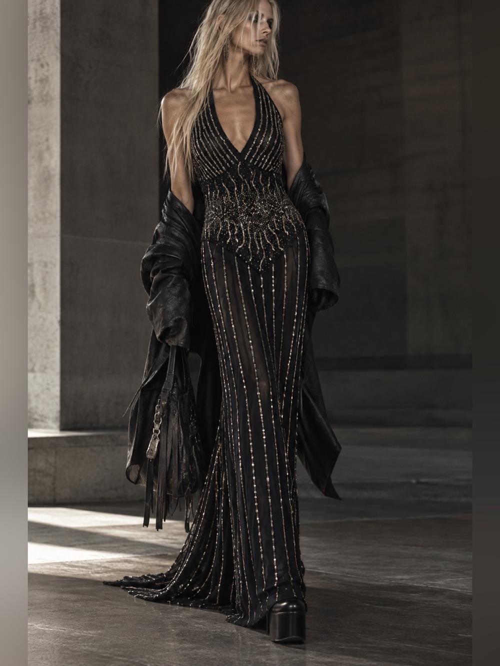 SCALA Vintage 100% Silk Beaded Sequin Black Gold Halter Gown Dress M has train